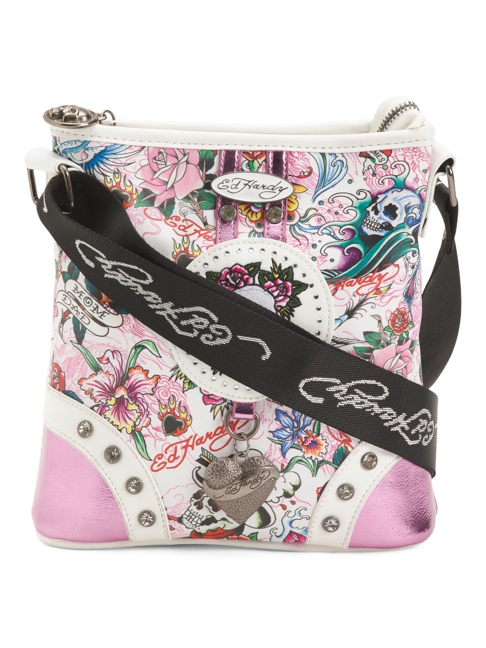 Ed Hardy White Pink Floral Tattoo-Print Crossbody with Black Logo Strap
